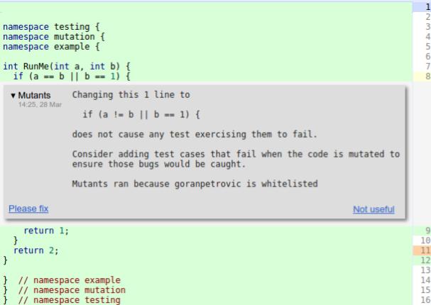 Example of a mutation that survived the execution of the tests. Source: Google Testing Blog
